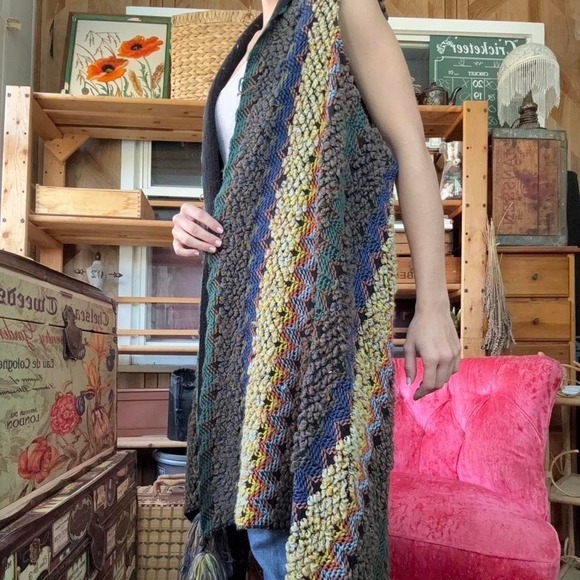 Boho Chunky Knit Longline Vest Multi Color Chevron Popcorn Stitch Tassel Hem - Picture 7 of 8